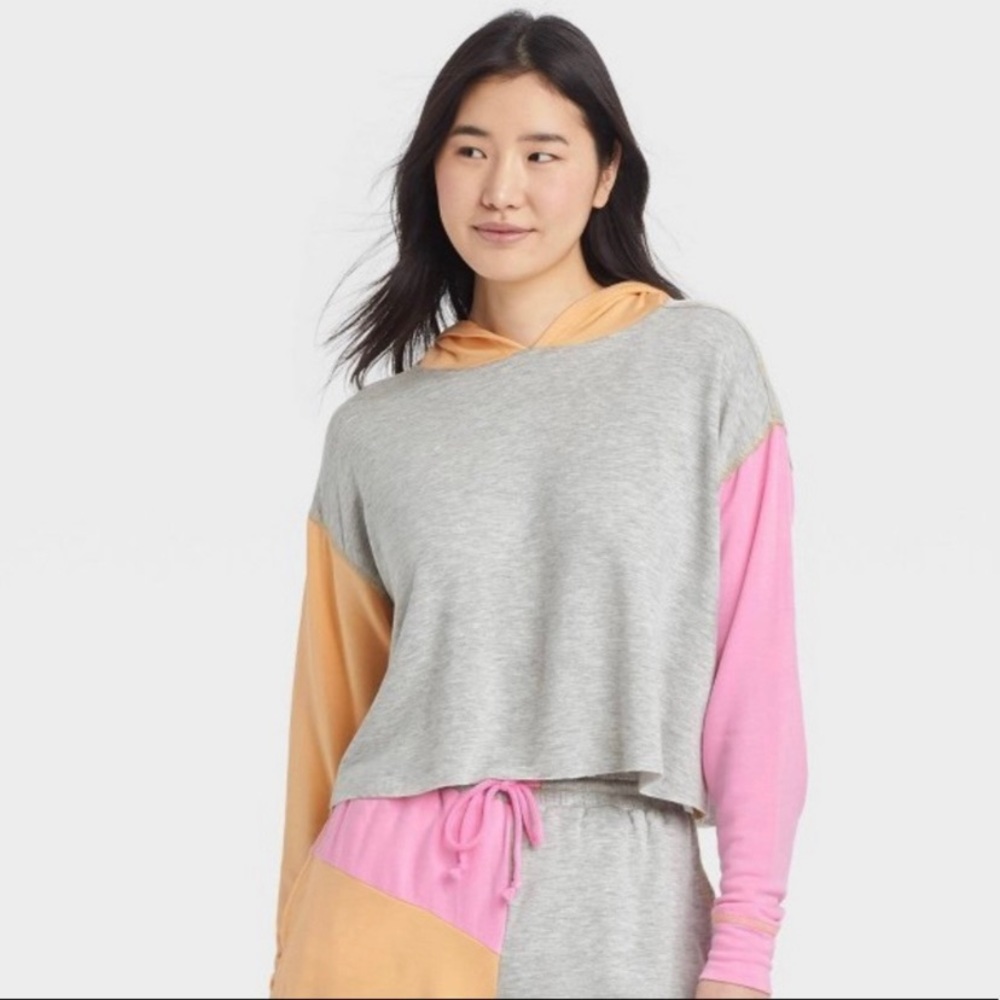 Colsie Lightweight Cropped Hooded Top Size Small Pink Orange Grey NWT